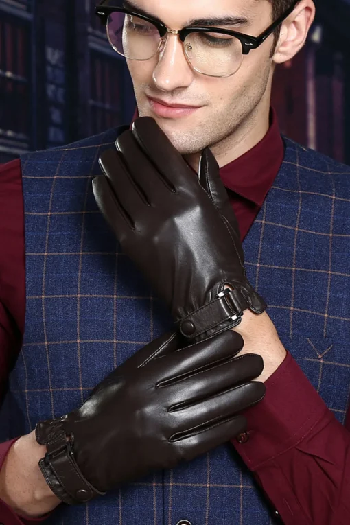 Black Leather Buckled Winter Gloves For Men