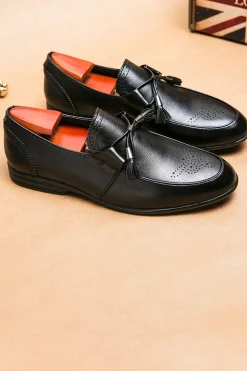 Black Leather Slip-On Fringe Men's Shoes