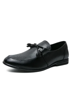 Black Leather Slip-On Fringe Men's Shoes