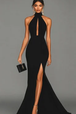Black Mermaid Halter Neck Satin Formal Dress