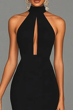Black Mermaid Halter Neck Satin Formal Dress