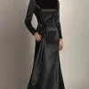 Black Mermaid Long Sleeves Satin Ruched Long Mother of the Bride Dress