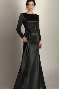 Black Mermaid Long Sleeves Satin Ruched Long Mother of the Bride Dress