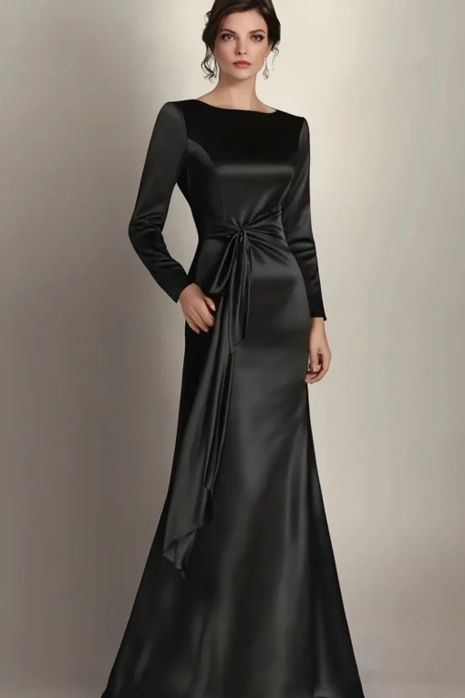 Black Mermaid Long Sleeves Satin Ruched Long Mother of the Bride Dress
