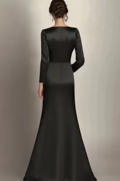 Black Mermaid Long Sleeves Satin Ruched Long Mother of the Bride Dress