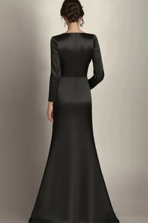 Black Mermaid Long Sleeves Satin Ruched Long Mother of the Bride Dress