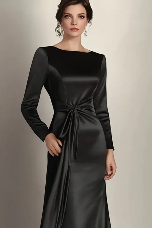 Black Mermaid Long Sleeves Satin Ruched Long Mother of the Bride Dress
