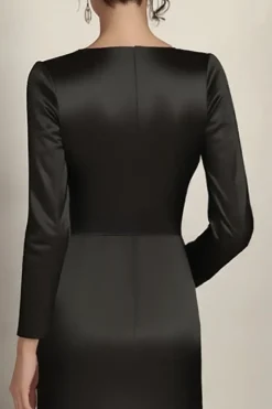 Black Mermaid Long Sleeves Satin Ruched Long Mother of the Bride Dress