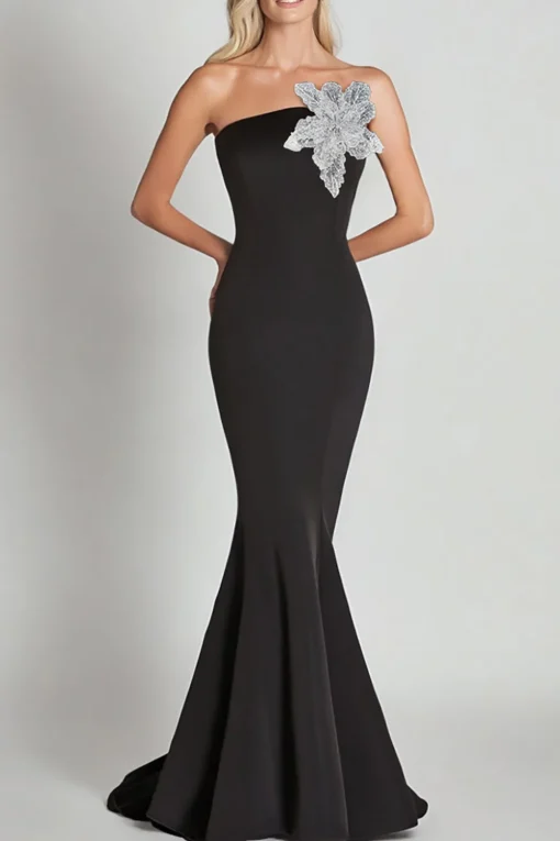 Black Mermaid One Shoulder with Sequin Flower Long Formal Dress