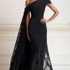 Black Mermaid One Shoulder Lace Long Formal Dress with Side Shoulder Cape