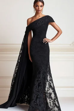 Black Mermaid One Shoulder Lace Long Formal Dress with Side Shoulder Cape