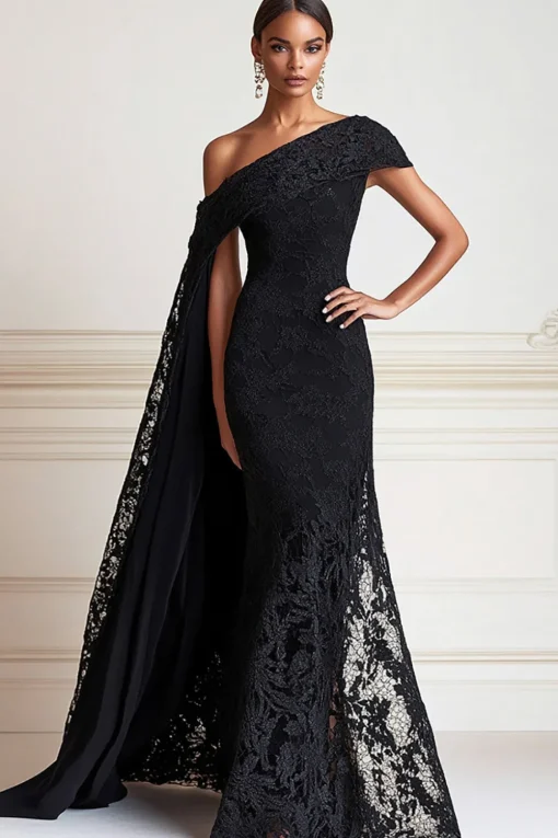 Black Mermaid One Shoulder Lace Long Formal Dress with Side Shoulder Cape