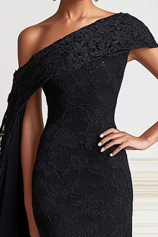 Black Mermaid One Shoulder Lace Long Formal Dress with Side Shoulder Cape