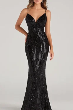 Black Mermaid Spaghetti Straps Sequins Formal Dress