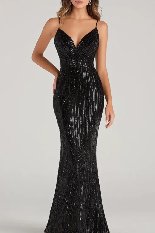 Black Mermaid Spaghetti Straps Sequins Formal Dress