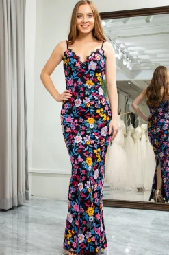 Black Mermaid Spaghetti Straps Embroidered Prom Dress with Slit