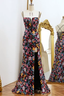 Black Mermaid Spaghetti Straps Long Prom Dress with Slit