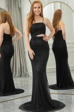 Black Mermaid Spaghetti Straps Long Prom Dress