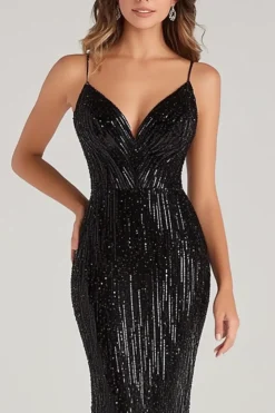 Black Mermaid Spaghetti Straps Sequins Formal Dress