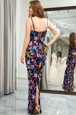 Black Mermaid Spaghetti Straps Embroidered Prom Dress with Slit