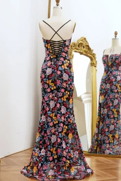 Black Mermaid Spaghetti Straps Long Prom Dress with Slit