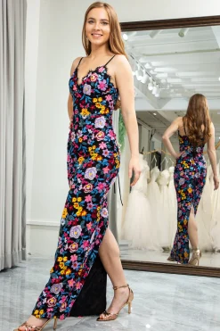 Black Mermaid Spaghetti Straps Embroidered Prom Dress with Slit