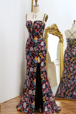 Black Mermaid Spaghetti Straps Long Prom Dress with Slit