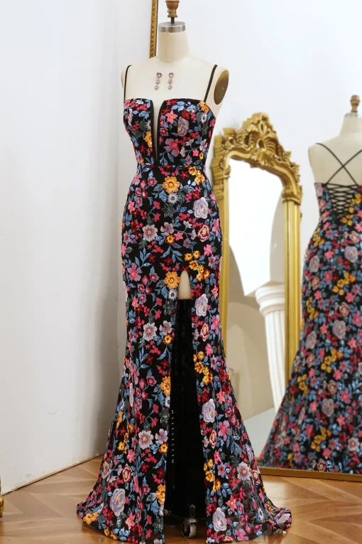 Black Mermaid Spaghetti Straps Long Prom Dress with Slit