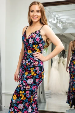 Black Mermaid Spaghetti Straps Embroidered Prom Dress with Slit