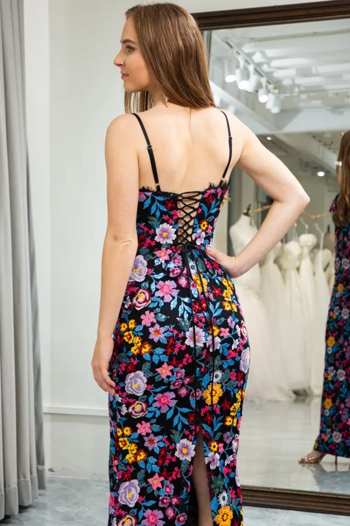 Black Mermaid Spaghetti Straps Embroidered Prom Dress with Slit