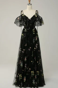 Black Off the Shoulder A Line Prom Dress with Embroidery