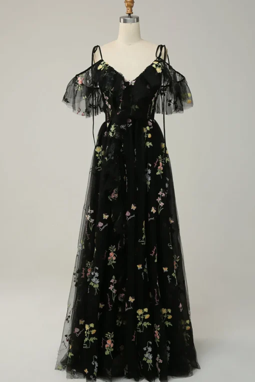 Black Off the Shoulder A Line Prom Dress with Embroidery