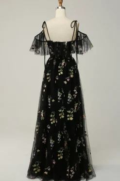 Black Off the Shoulder A Line Prom Dress with Embroidery