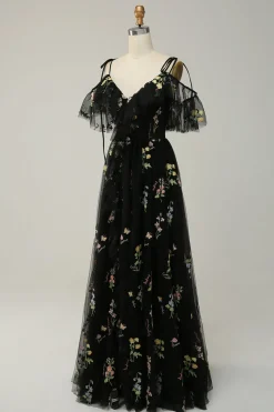 Black Off the Shoulder A Line Prom Dress with Embroidery