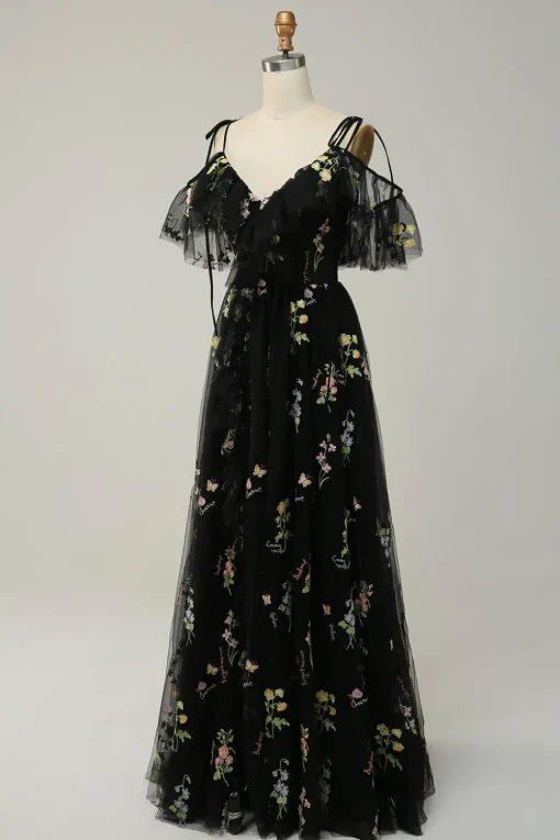 Black Off the Shoulder A Line Prom Dress with Embroidery