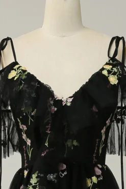 Black Off the Shoulder A Line Prom Dress with Embroidery
