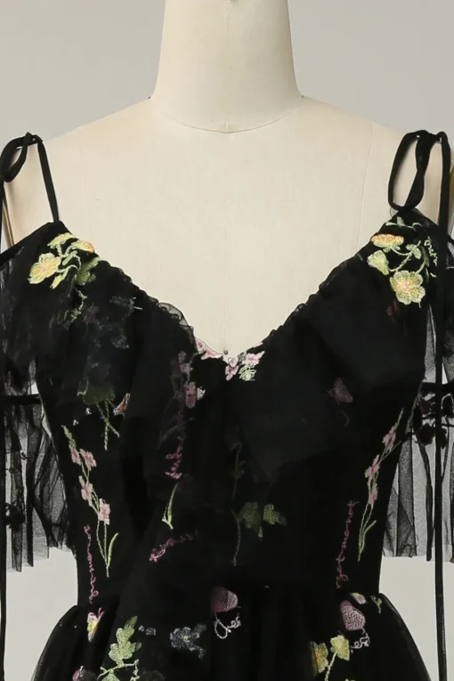 Black Off the Shoulder A Line Prom Dress with Embroidery