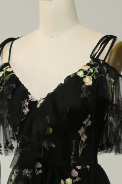 Black Off the Shoulder A Line Prom Dress with Embroidery