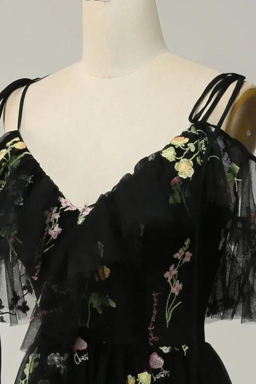 Black Off the Shoulder A Line Prom Dress with Embroidery