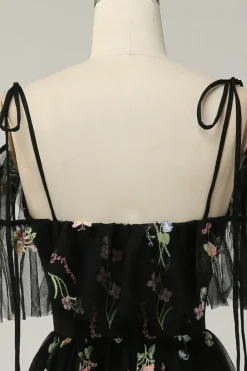Black Off the Shoulder A Line Prom Dress with Embroidery