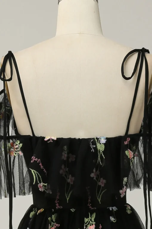 Black Off the Shoulder A Line Prom Dress with Embroidery