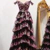 Black Pink A-line Off the Shoulder Tiered Corset Prom Dress with Split