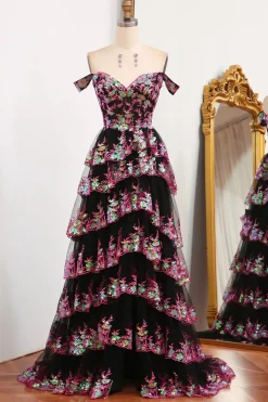 Black Pink A-line Off the Shoulder Tiered Corset Prom Dress with Split