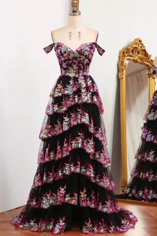 Black Pink A-line Off the Shoulder Tiered Corset Prom Dress with Split