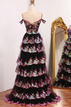 Black Pink A-line Off the Shoulder Tiered Corset Prom Dress with Split