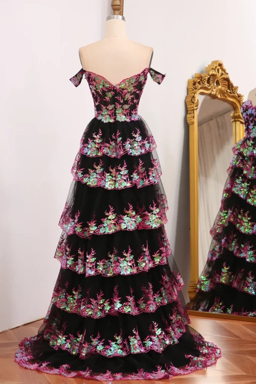 Black Pink A-line Off the Shoulder Tiered Corset Prom Dress with Split