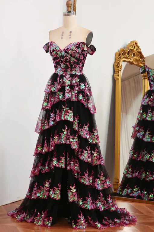 Black Pink A-line Off the Shoulder Tiered Corset Prom Dress with Split
