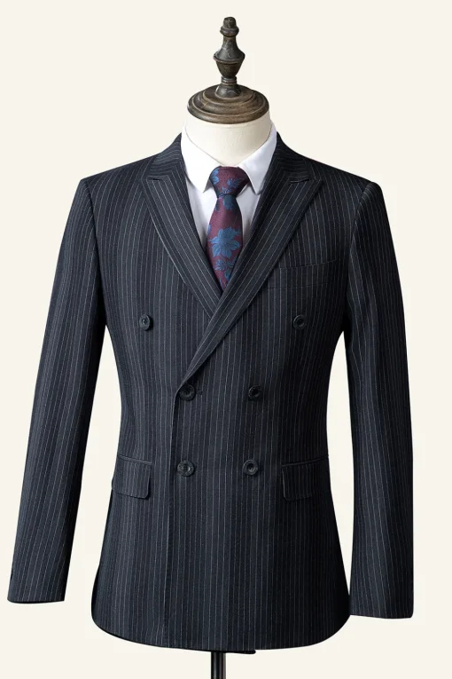 Black Pinstriped Double-Breasted 3-Piece Men's Suit