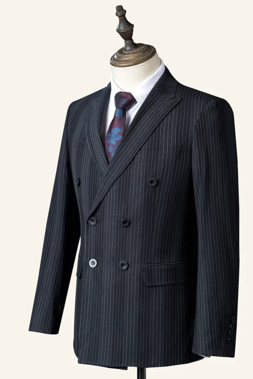 Black Pinstriped Double-Breasted 3-Piece Men's Suit