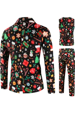 Black Santa Hat, Socks, Gift Printed 3 Piece Men's Christmas Party Suit
